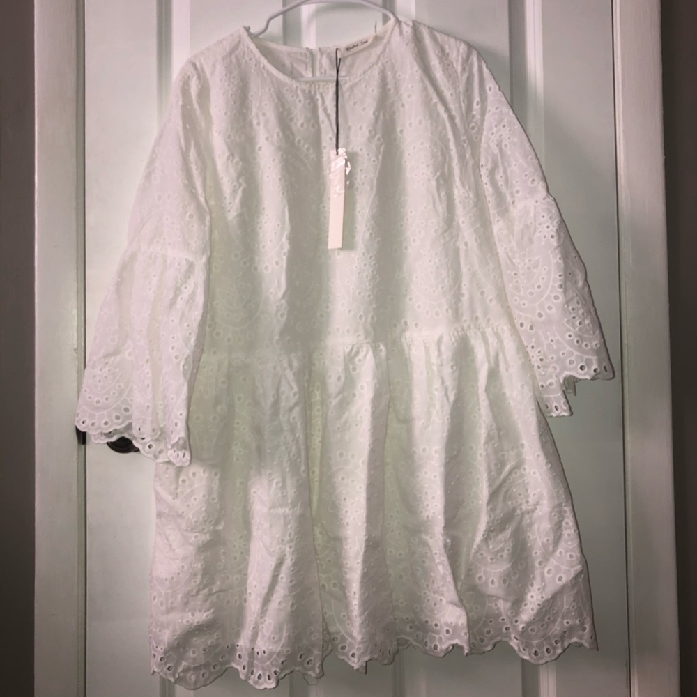 NWT White Eyelet Knit Bell Sleeve Babydoll Dress